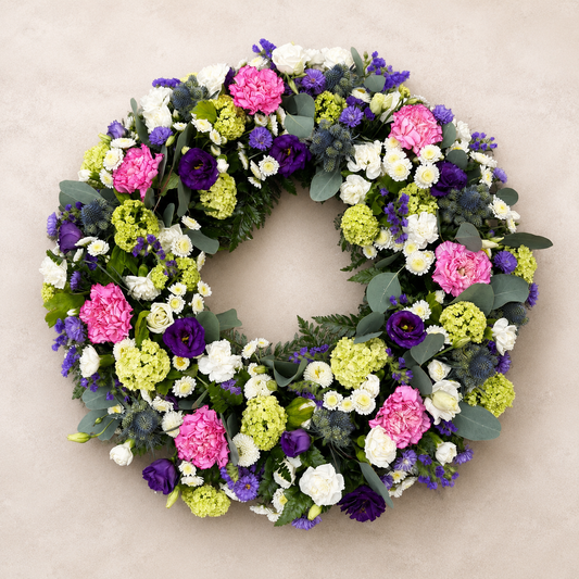 Purple & Pink Funeral Wreath | Colourful Sympathy Wreath Denmark
