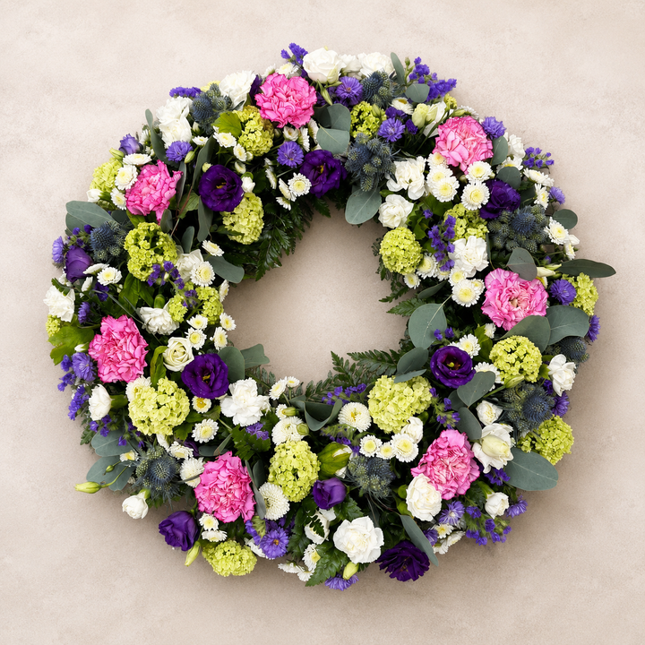 Purple & Pink Funeral Wreath | Colourful Sympathy Wreath in Denmark begravelseskrans til levering i Danmark