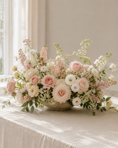 Tall clear vase centrepiece with fresh seasonal flowers