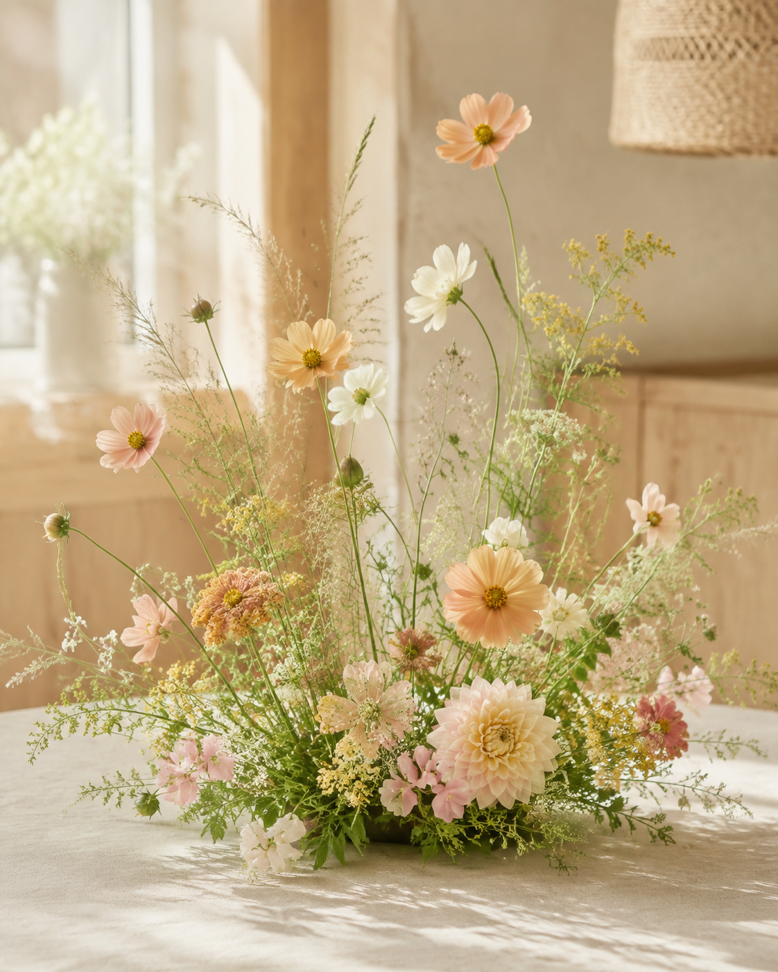 Three clear bud vases with fresh seasonal table flowers