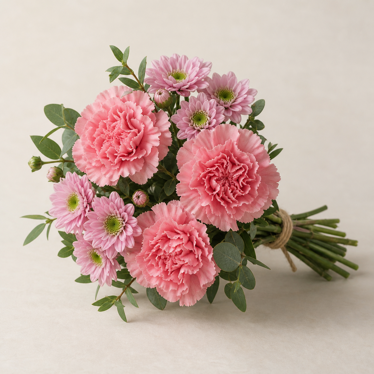 A petite pink bouquet with carnations, spray chrysanthemums and greenery for a thoughtful thank-you or birthday greeting.