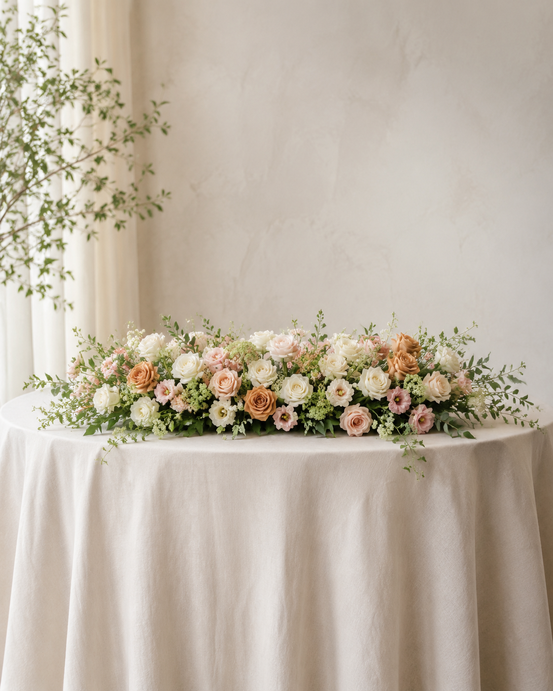 Long and low fresh flowers for a sweetheart wedding table