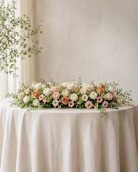 Long and low fresh flowers for a sweetheart wedding table