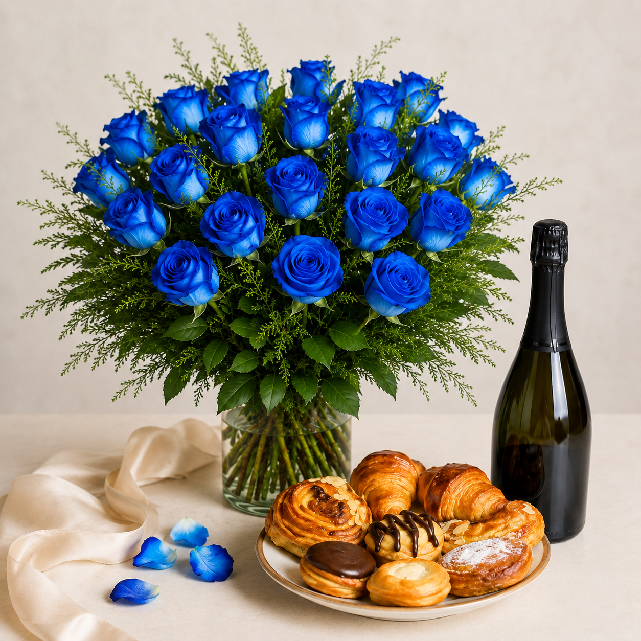 Blue Rose Bouquet with Sparkling Gift & Pastries | Luxury Flower Delivery