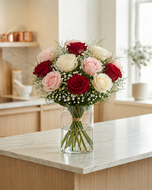 A bouquet of red and pink roses with cream roses and baby's breath arranged in a clear glass vase on a light marble kitchen island.