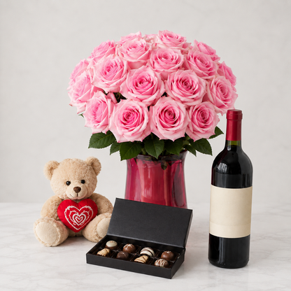Luxury Pink Rose Bouquet with Red Wine, Chocolates & Teddy Bear | Premium Gift Delivery