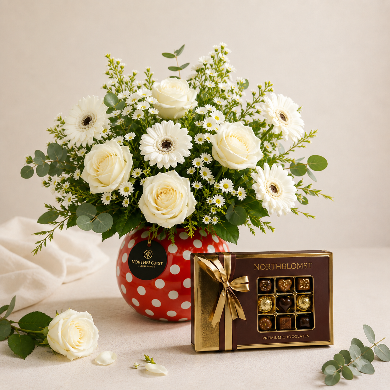 White Flower Vase Arrangement with Premium Chocolates | Elegant Gift Delivery
