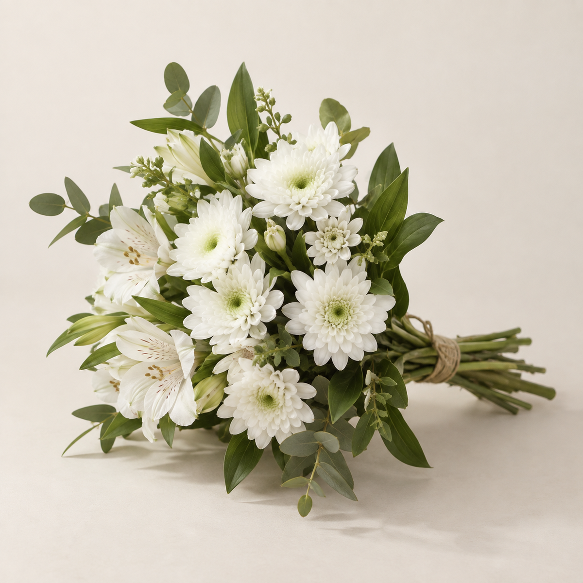 A petite white and green bouquet with spray chrysanthemums and alstroemeria for a simple, thoughtful greeting.