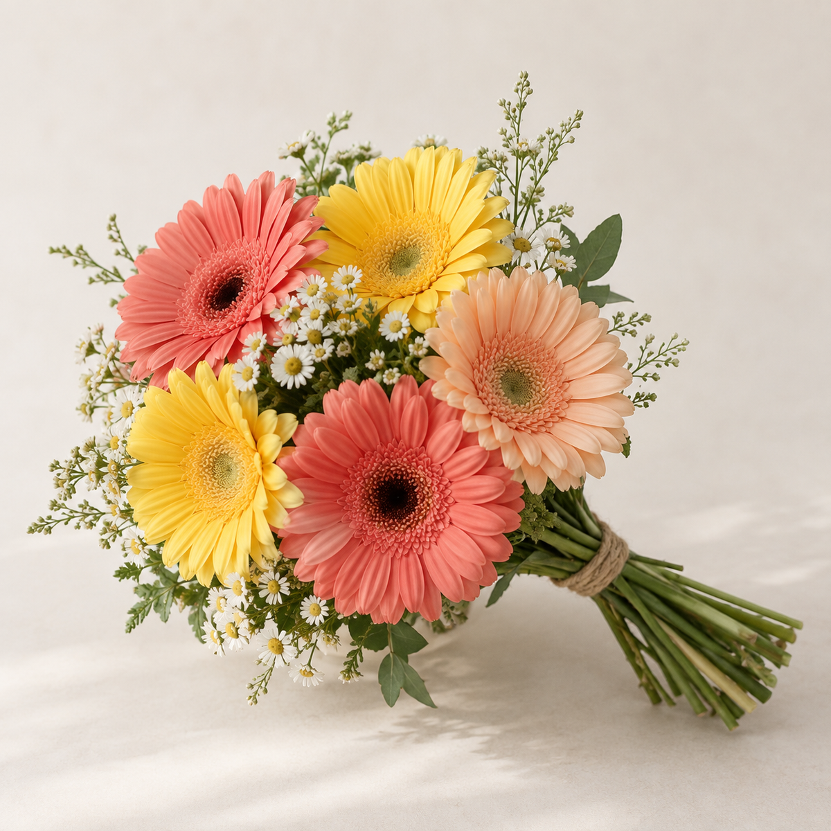 A petite cheerful bouquet with mini gerberas in coral, peach and yellow, delicate filler flowers and greenery.
