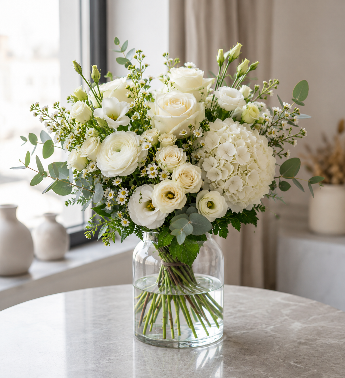 Hvid & cremefarvet buket | Send elegante blomster i Danmark
