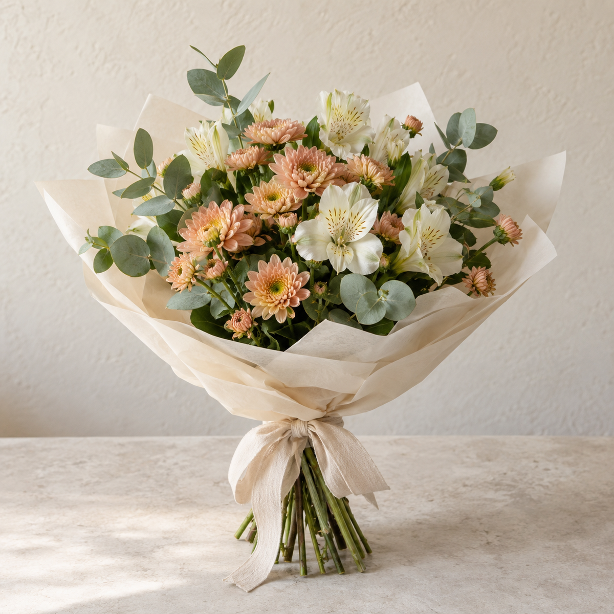 Peach Tea Bouquet — illustrative design; seasonal flowers may vary
