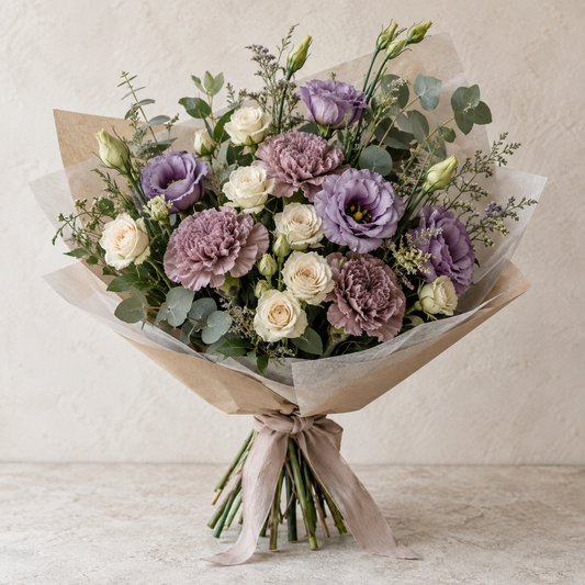Plum & Lilac Bouquet — illustrative design; seasonal flowers may vary