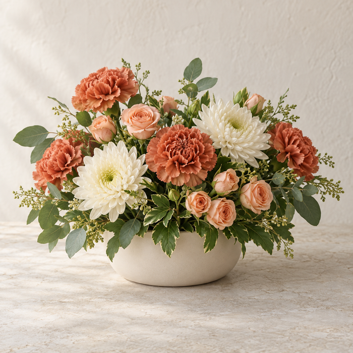 Autumn Lunch Table Flowers — illustrative design; seasonal flowers may vary