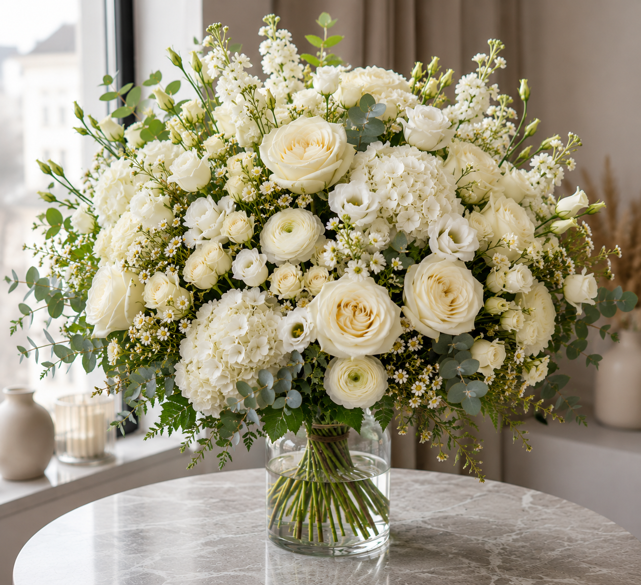Hvid & cremefarvet buket | Send elegante blomster i Danmark